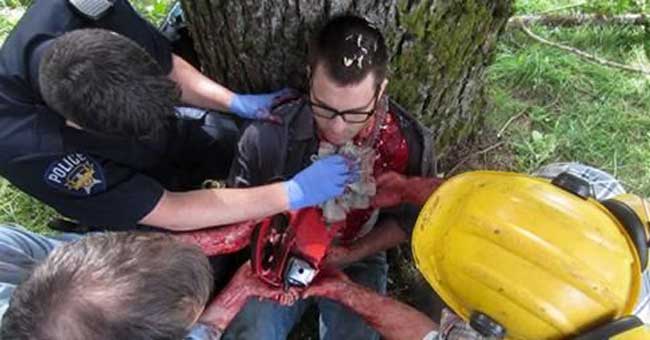 Emergency services with chainsaw victim