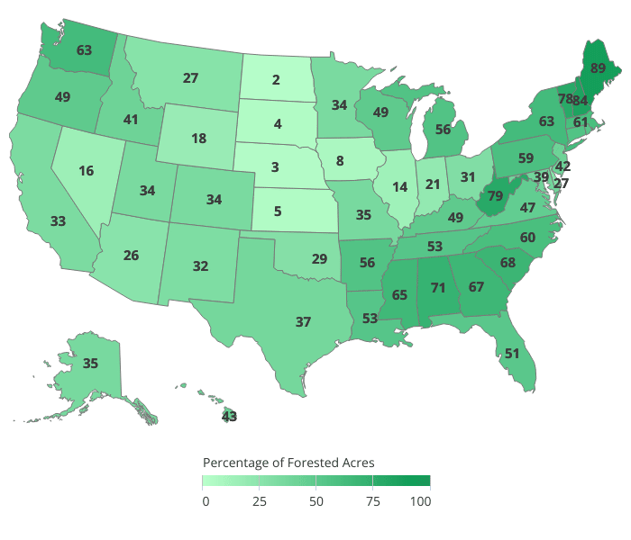 Map of US States with most forest acres
